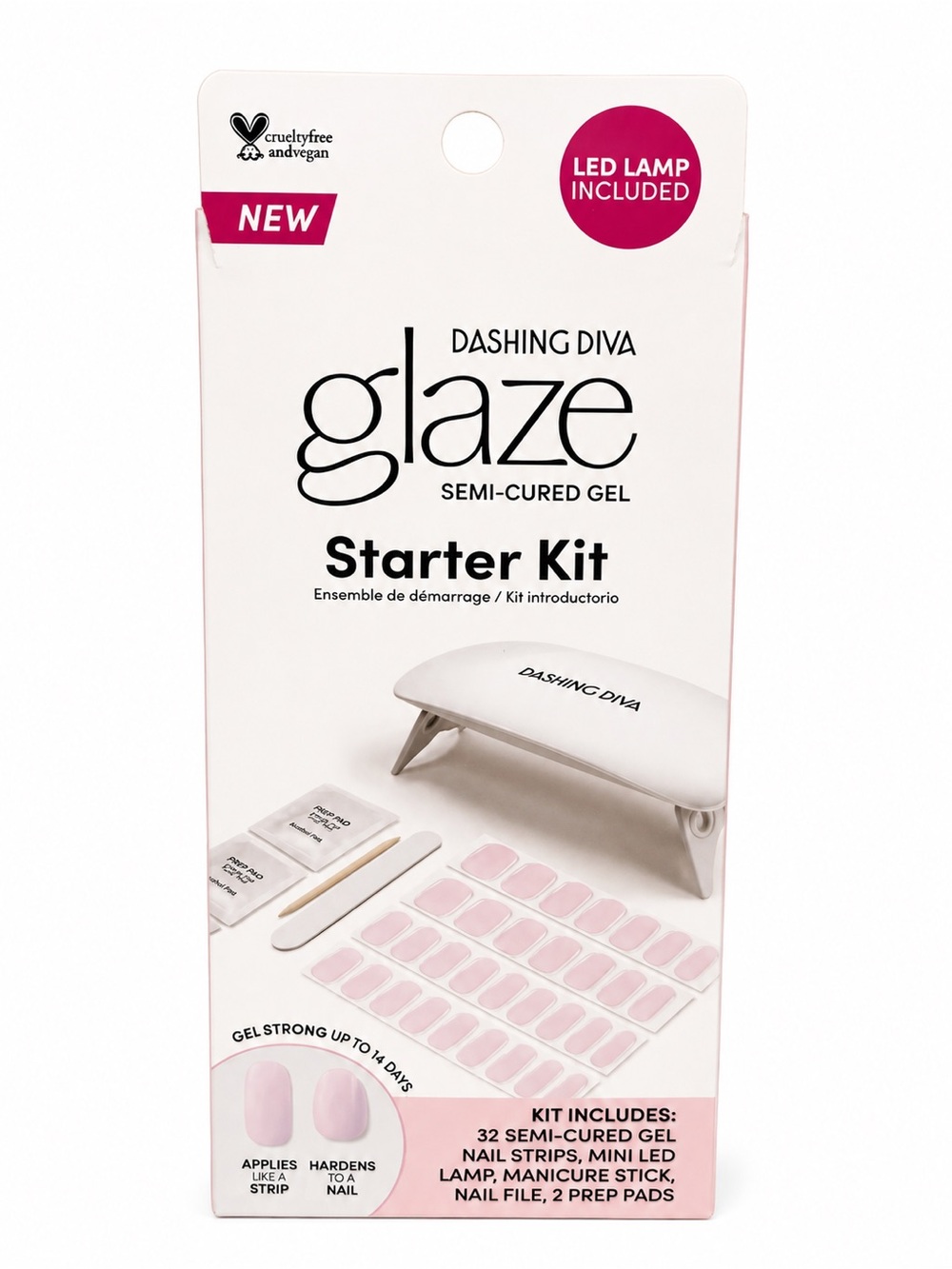 Dashing Diva Glaze Semi Cured Gel Nail Starter Kit LED Lamp Pink  w/ 29 Nails